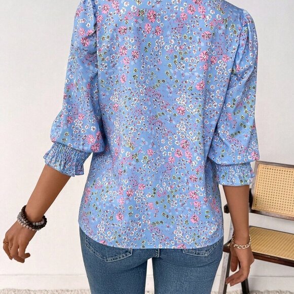 Baby Blue Boho Women's Vacation Casual Ditsy Floral Puff Sleeve Shirt - Picture 2 of 7